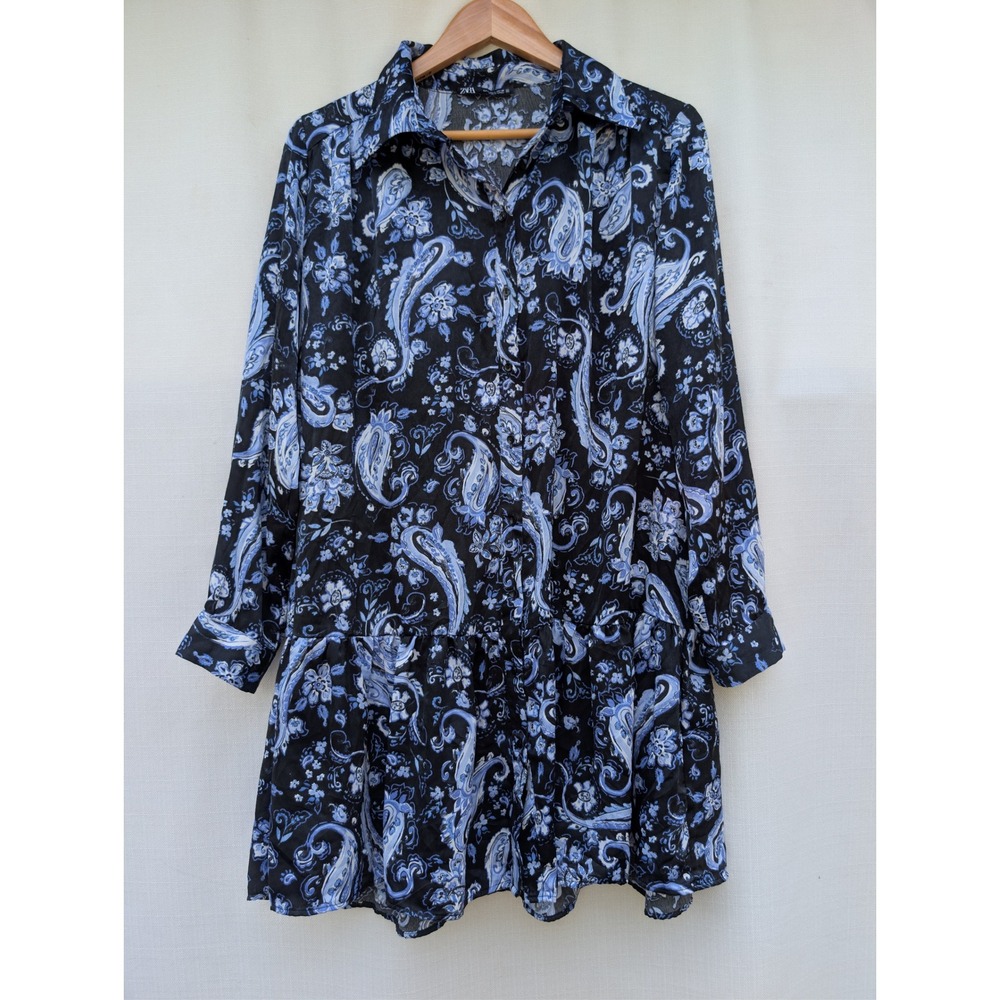 ZARA Drop Waist Dress Womens L Blue Paisley Poly Long Sleeve Dark Boho Indie - Picture 3 of 5